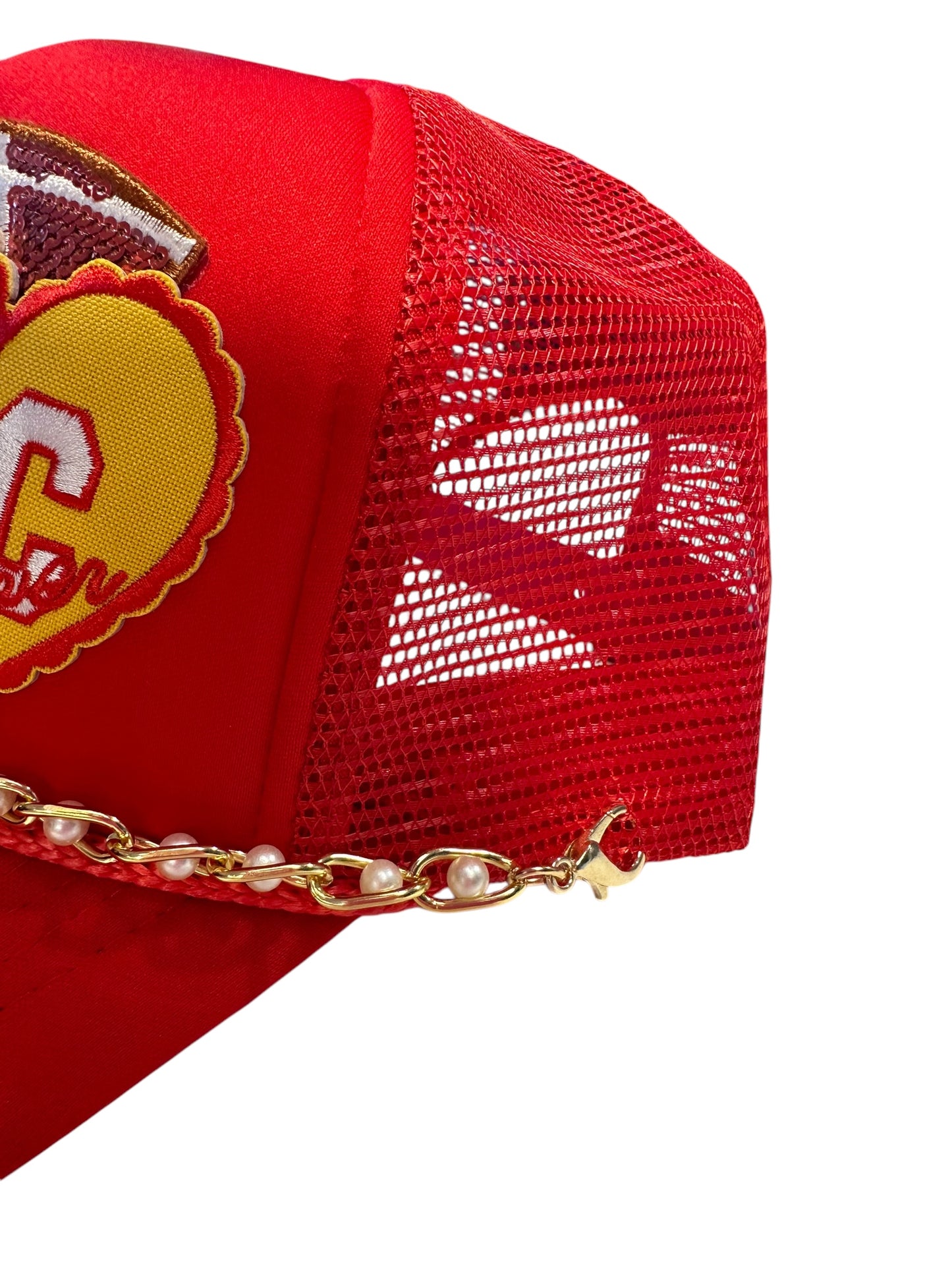 Pearl and Sequin Kansas City Chiefs GameDay Trucker Hat with Gold and Faux Pearl Hat Chain