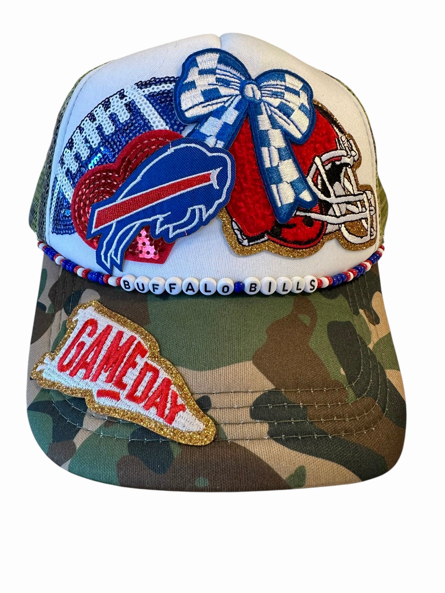 Camo Sequin Buffalo Bills GameDay Trucker Hat with Beaded Hat Belt