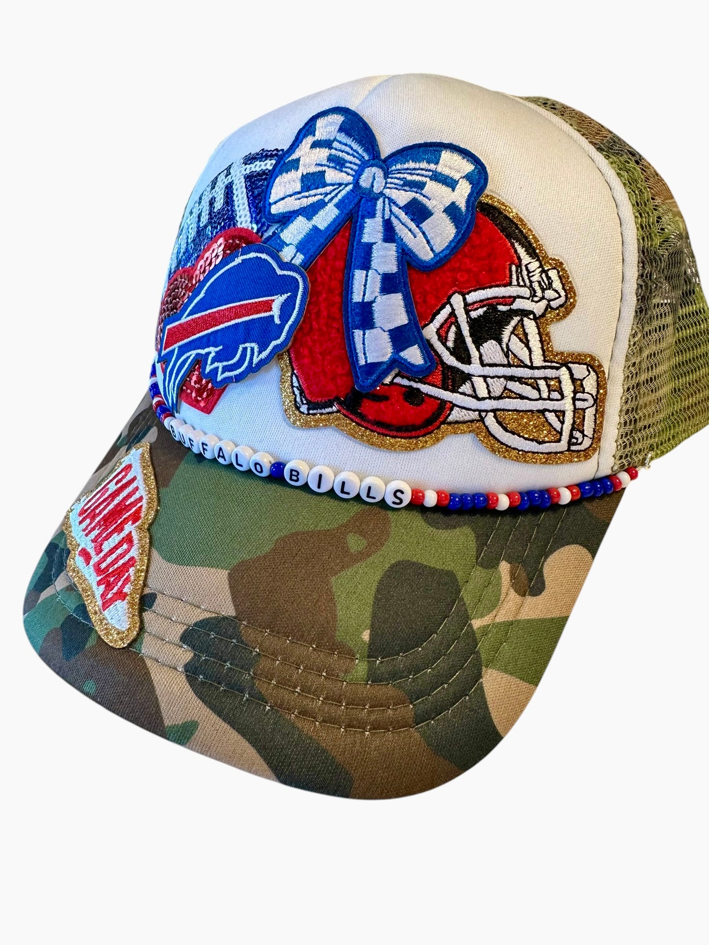 Camo Sequin Buffalo Bills GameDay Trucker Hat with Beaded Hat Belt