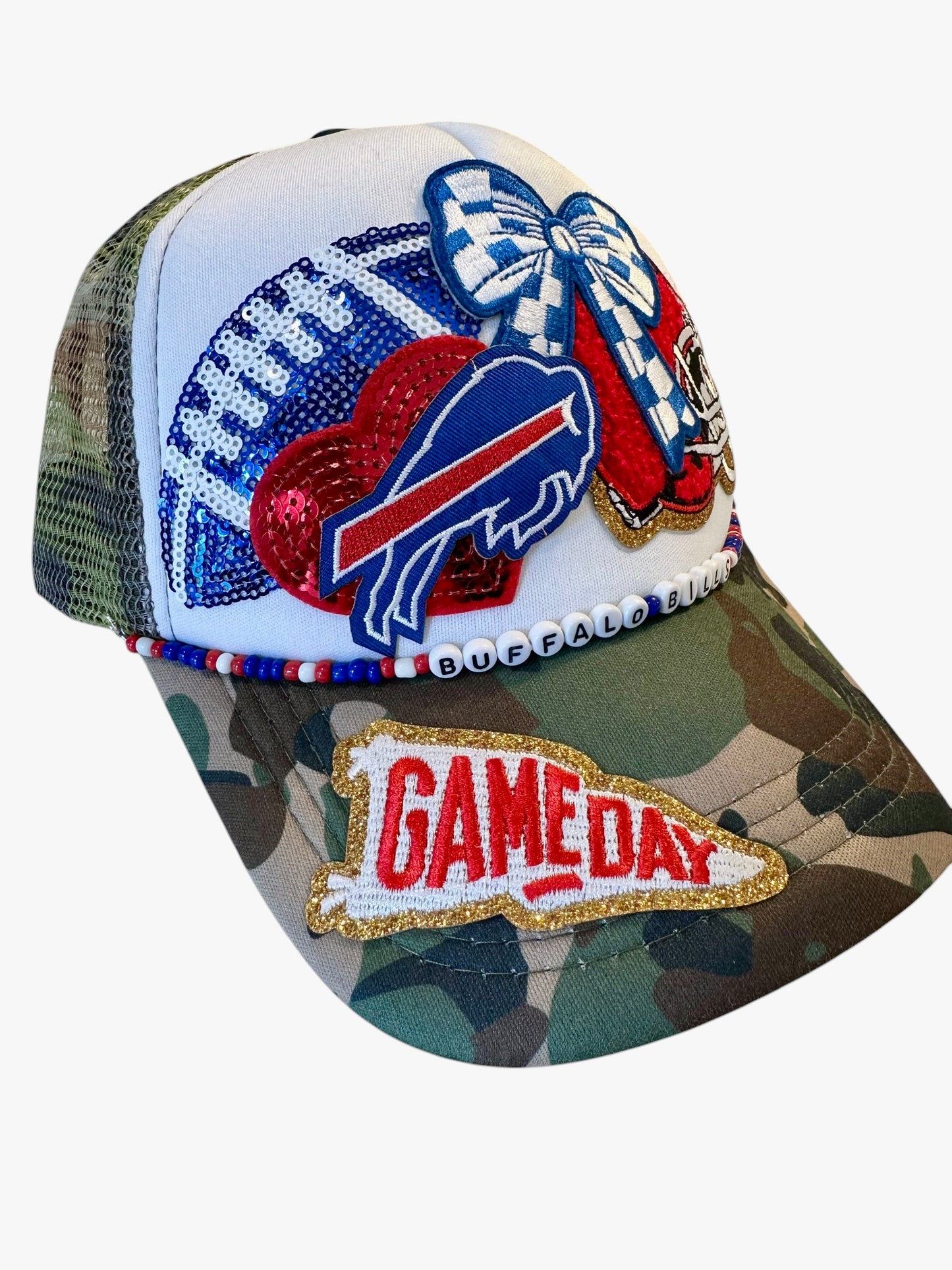 Camo Sequin Buffalo Bills GameDay Trucker Hat with Beaded Hat Belt