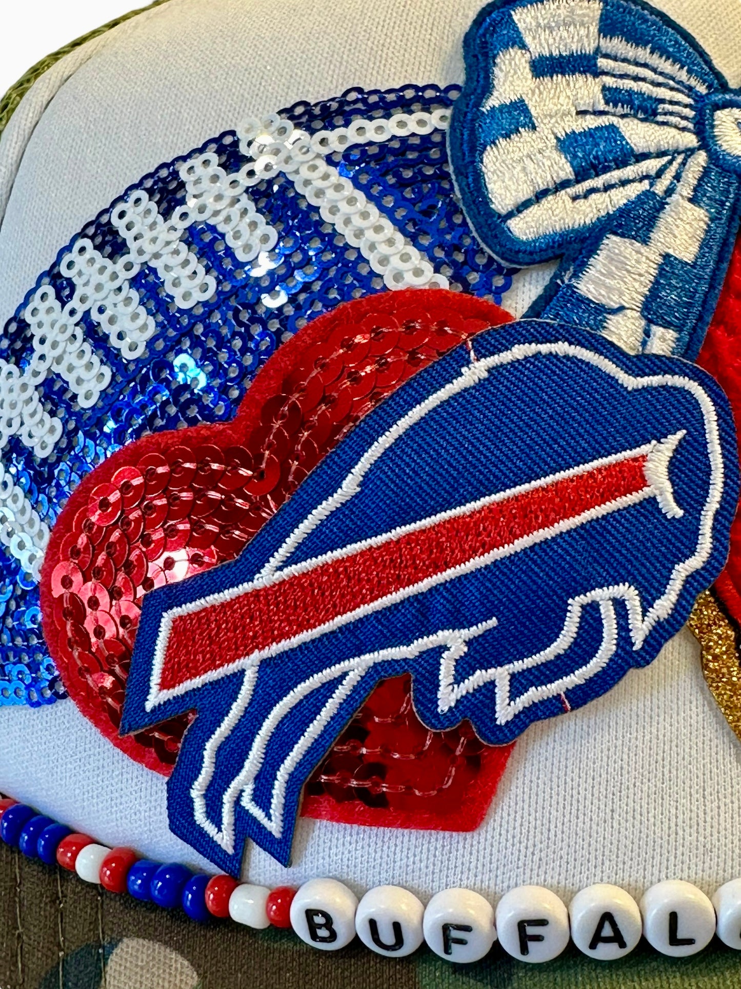 Camo Sequin Buffalo Bills GameDay Trucker Hat with Beaded Hat Belt