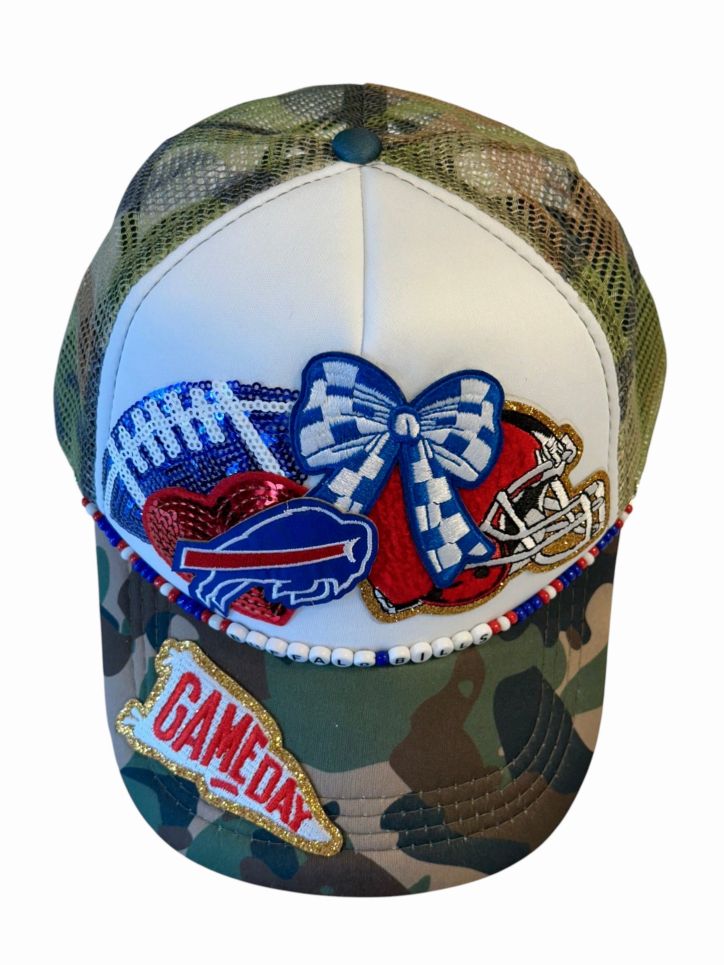 Camo Sequin Buffalo Bills GameDay Trucker Hat with Beaded Hat Belt