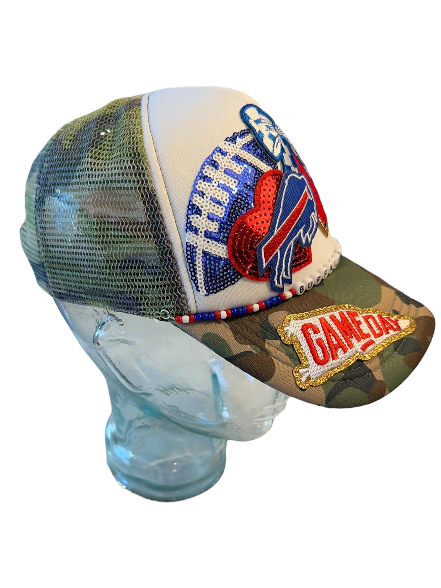 Camo Sequin Buffalo Bills GameDay Trucker Hat with Beaded Hat Belt