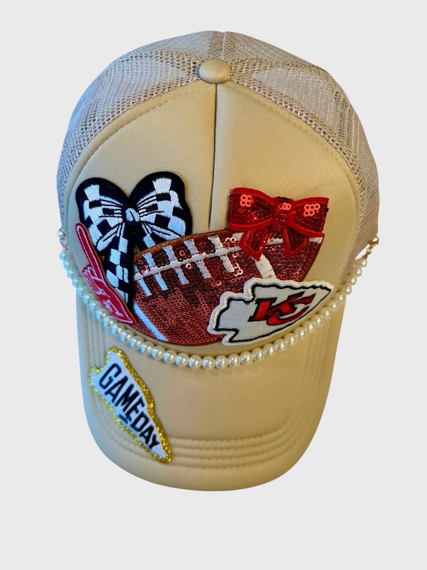 Beige Sequin and Pearls Kansas City Chiefs GameDay Trucker Hat with Beaded Hat Belt