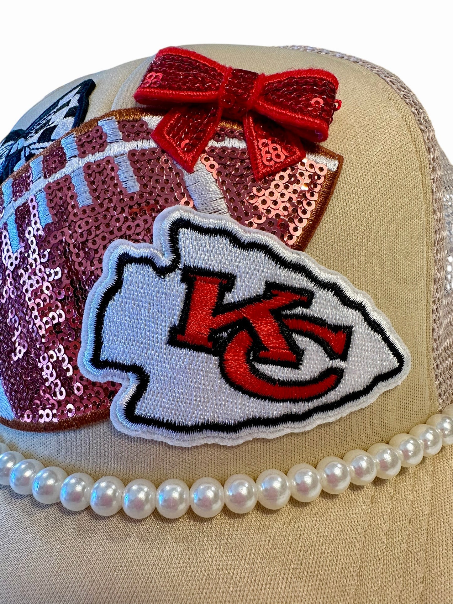 Beige Sequin and Pearls Kansas City Chiefs GameDay Trucker Hat with Beaded Hat Belt