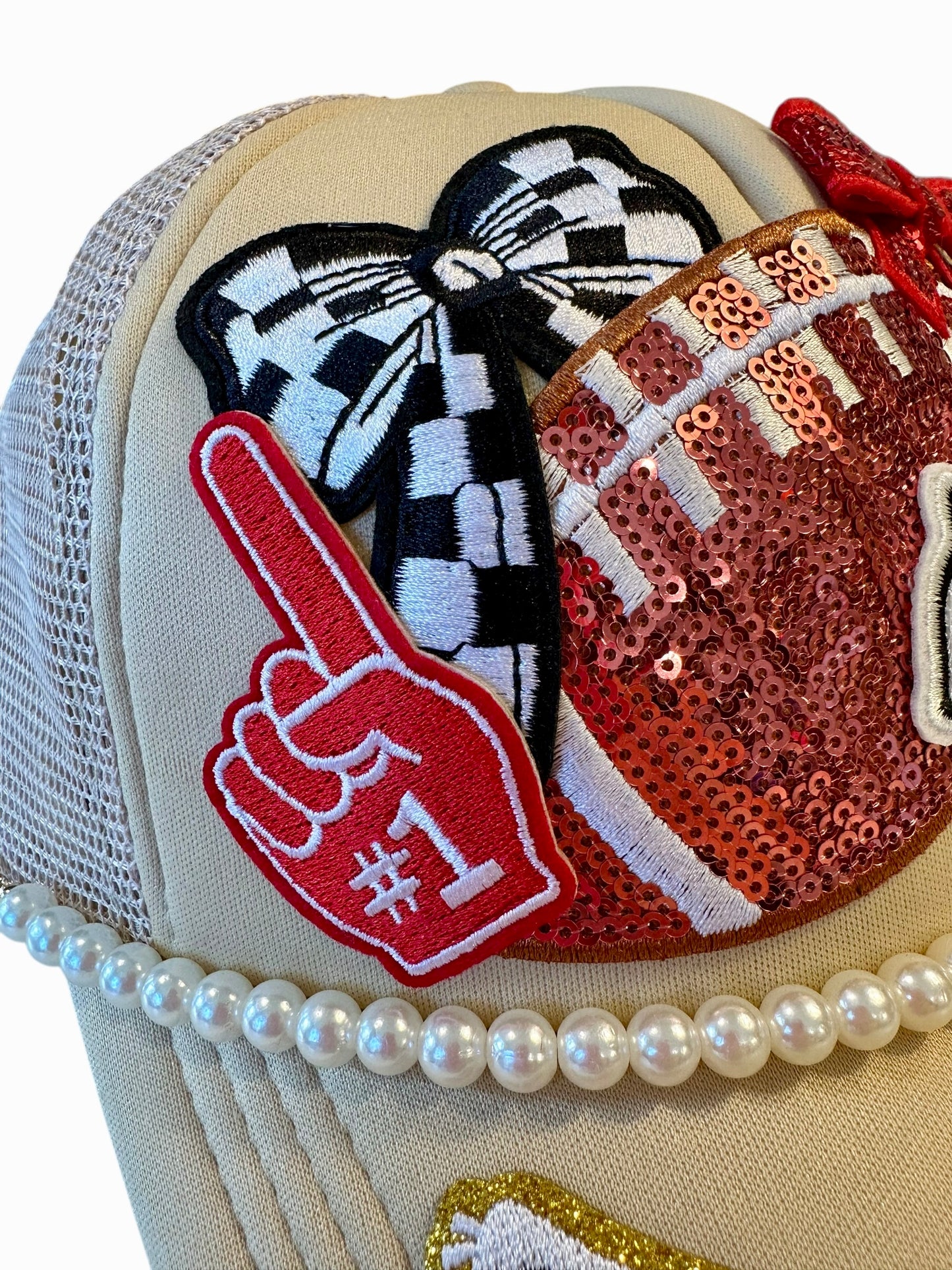 Beige Sequin and Pearls Kansas City Chiefs GameDay Trucker Hat with Beaded Hat Belt