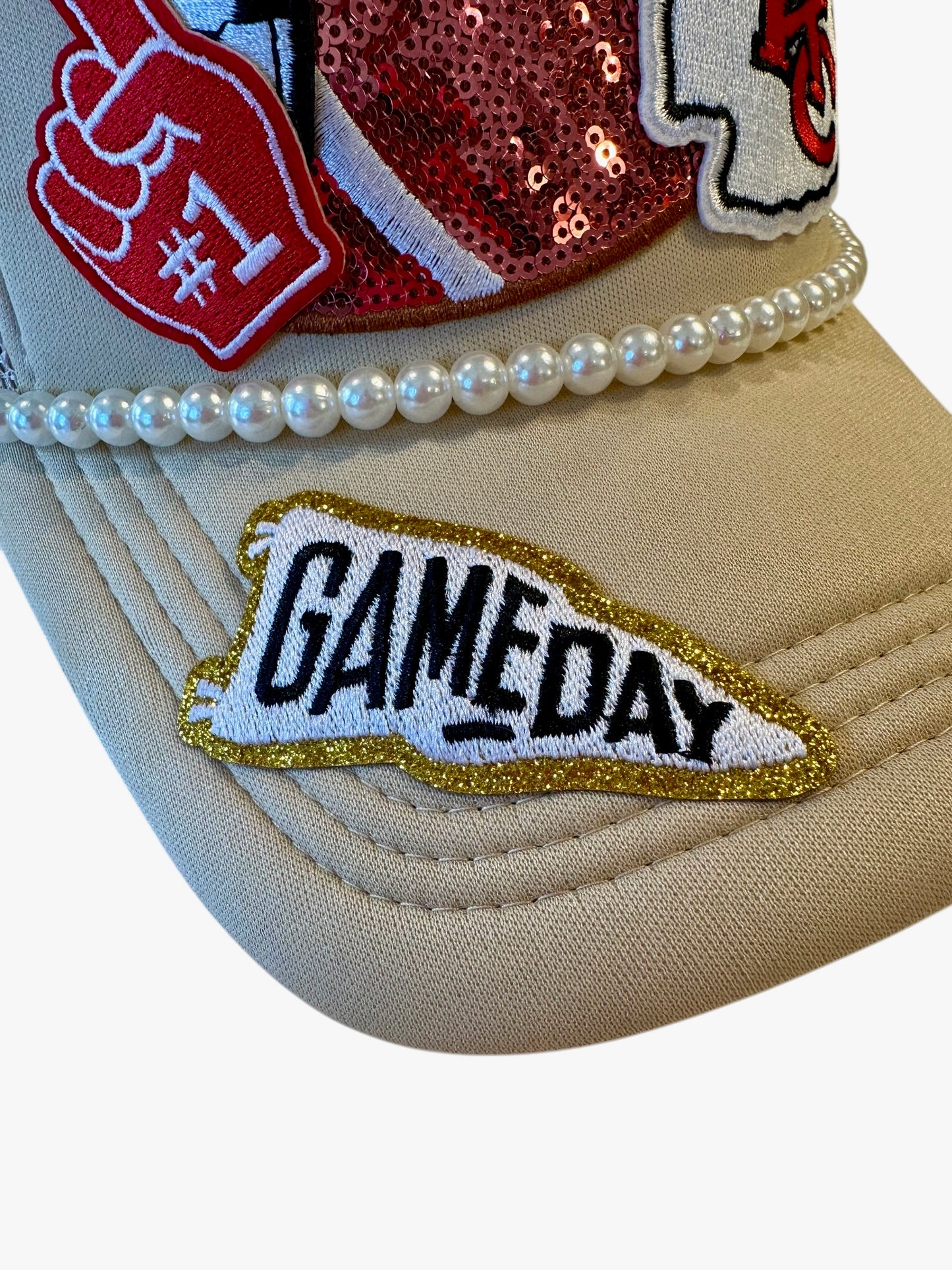 Beige Sequin and Pearls Kansas City Chiefs GameDay Trucker Hat with Beaded Hat Belt