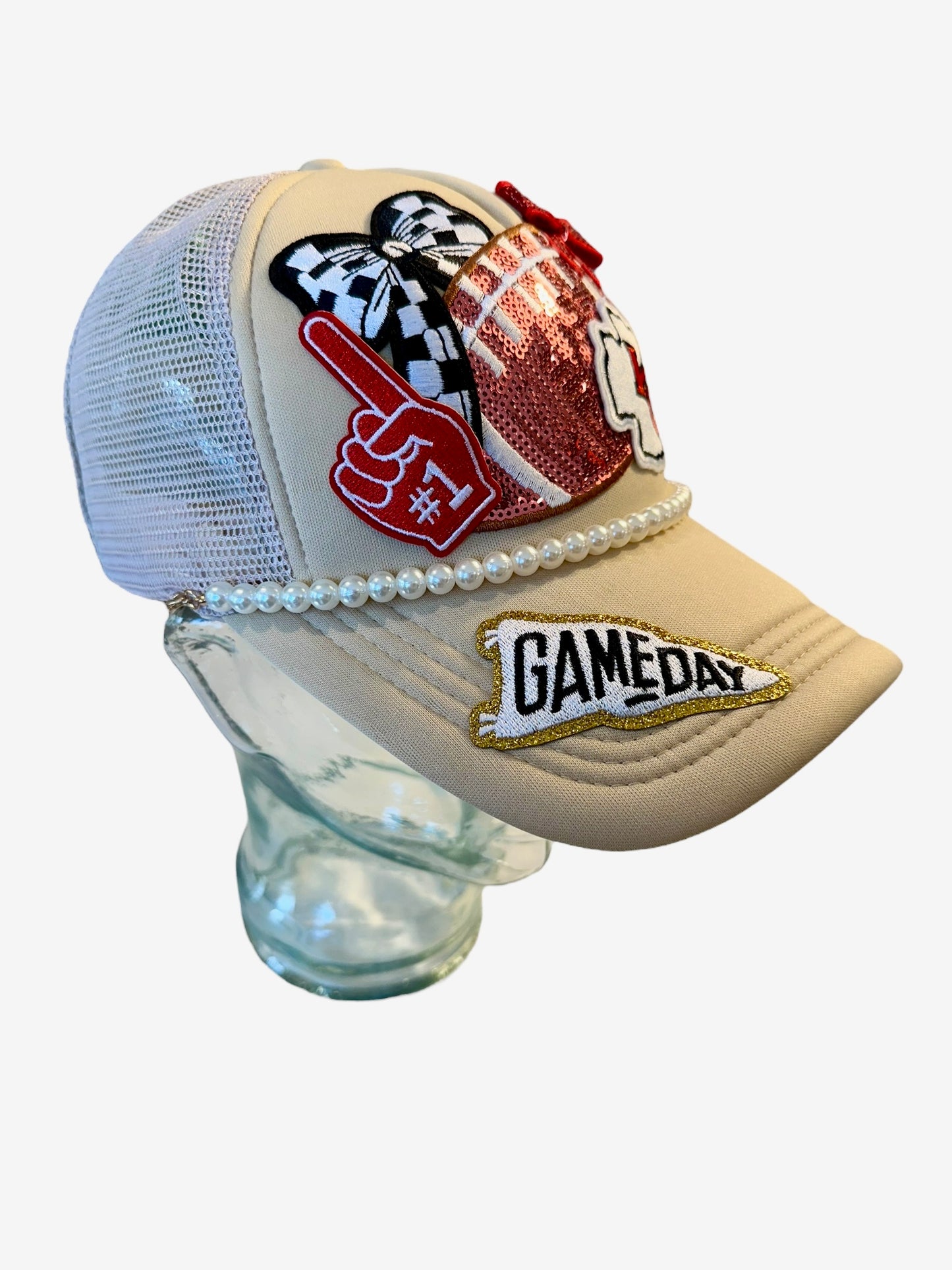 Beige Sequin and Pearls Kansas City Chiefs GameDay Trucker Hat with Beaded Hat Belt