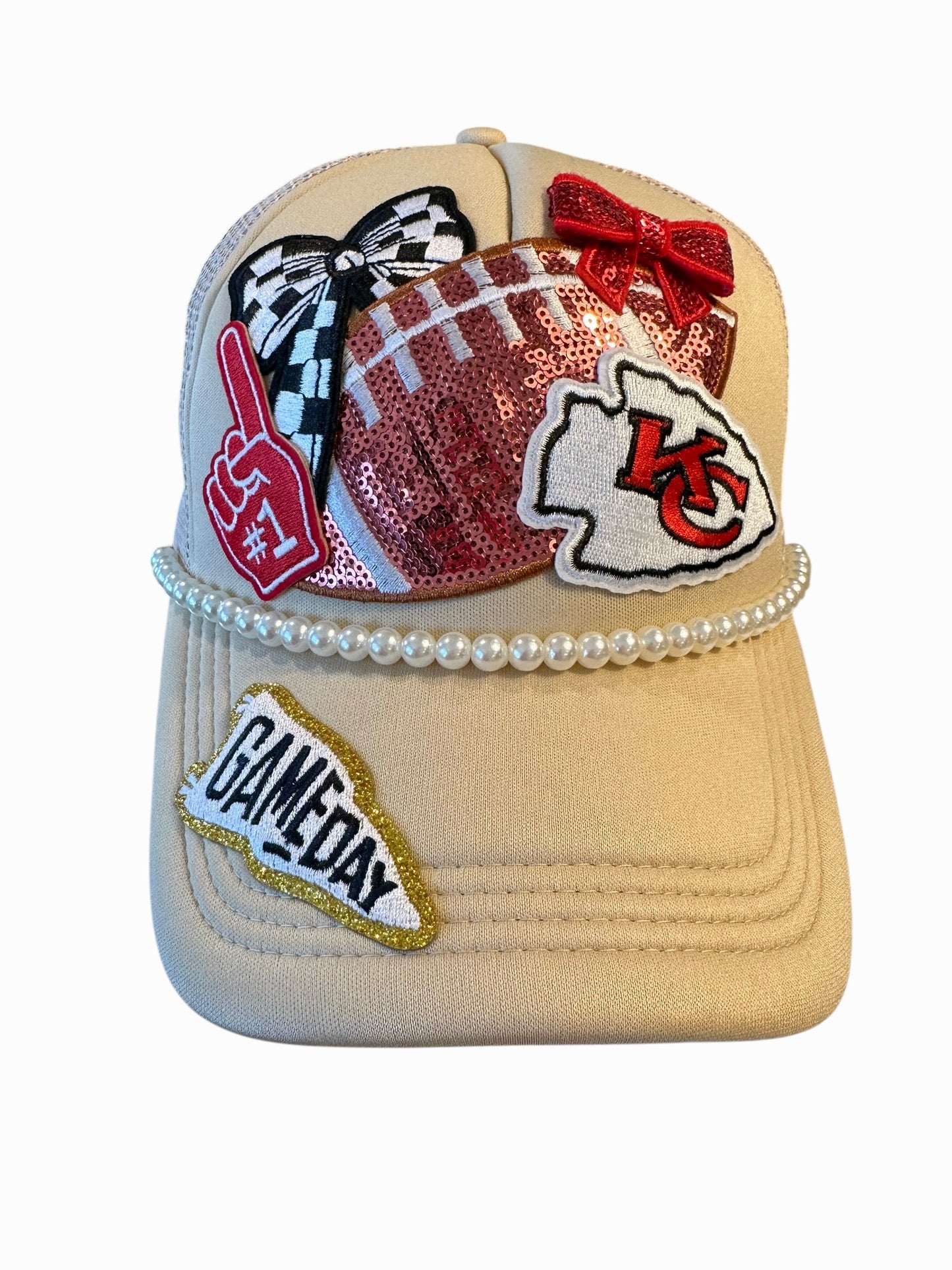 Beige Sequin and Pearls Kansas City Chiefs GameDay Trucker Hat with Beaded Hat Belt