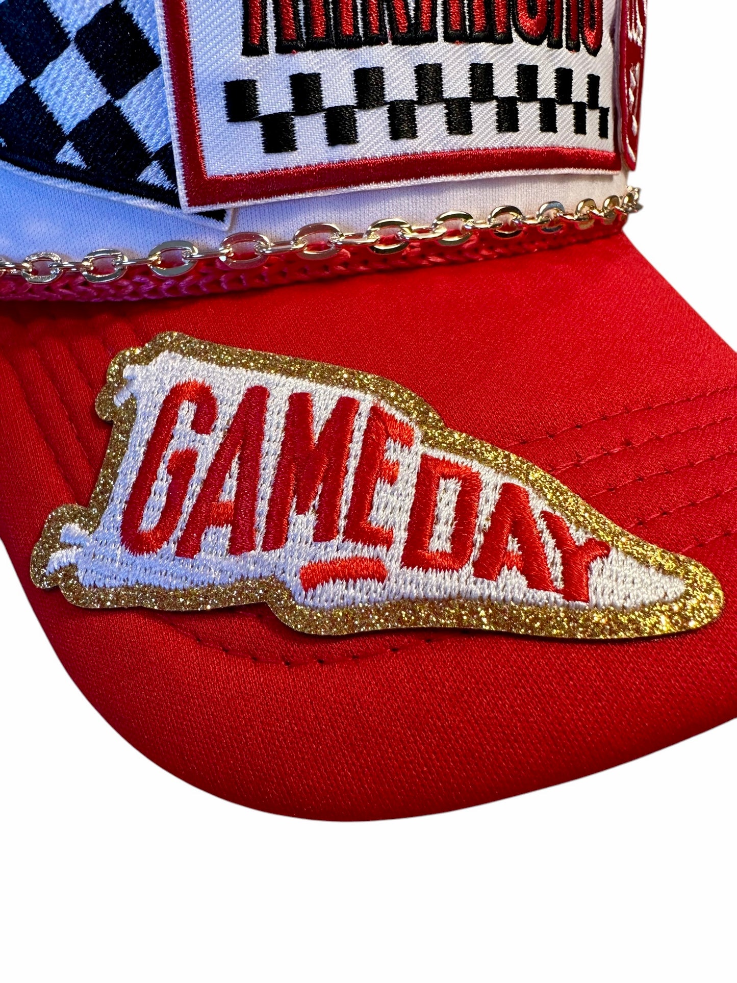 Red Arkansas Razorbacks GameDay Trucker Hat with Gold Chain Hat Belt