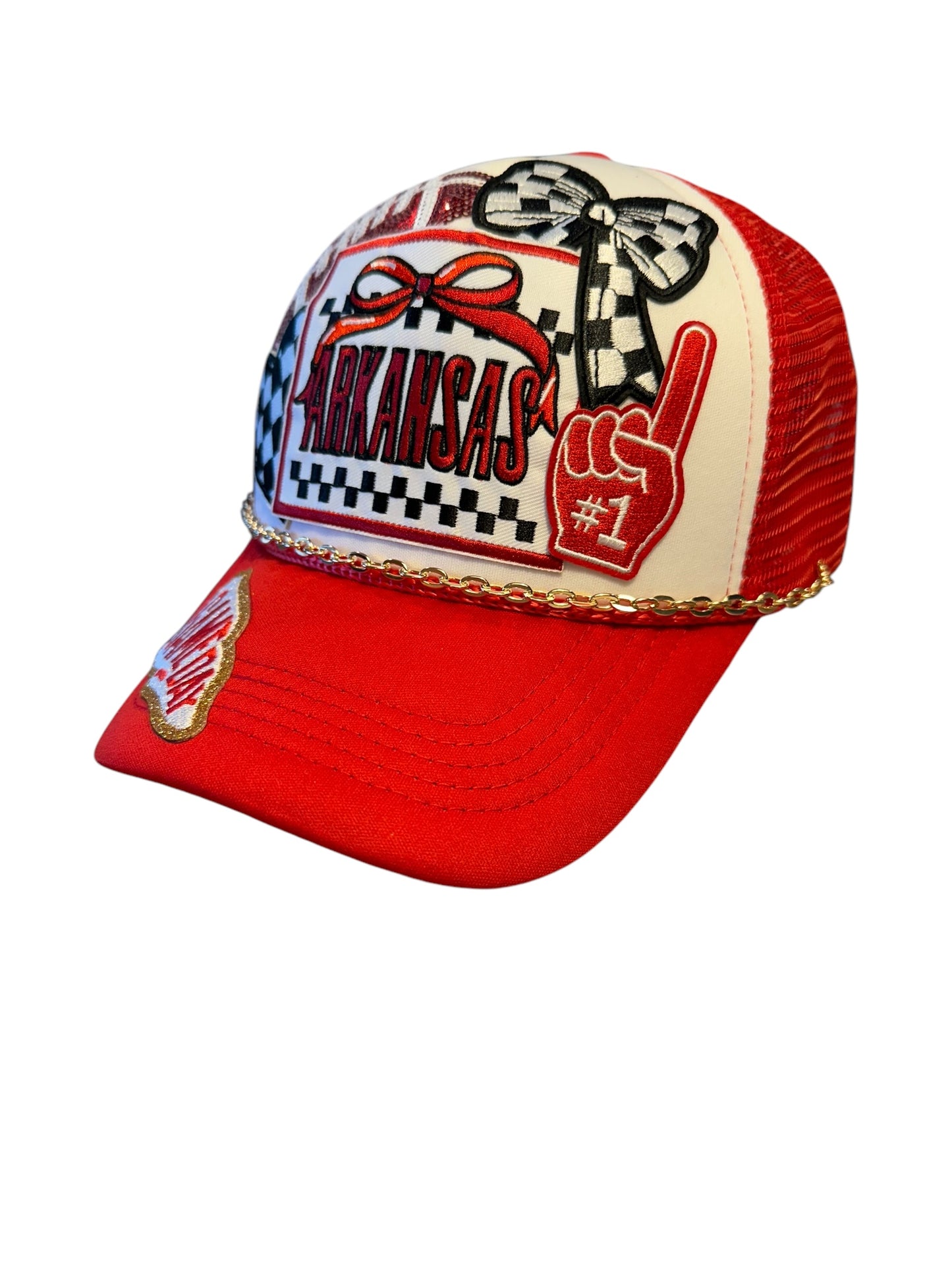 Red Arkansas Razorbacks GameDay Trucker Hat with Gold Chain Hat Belt