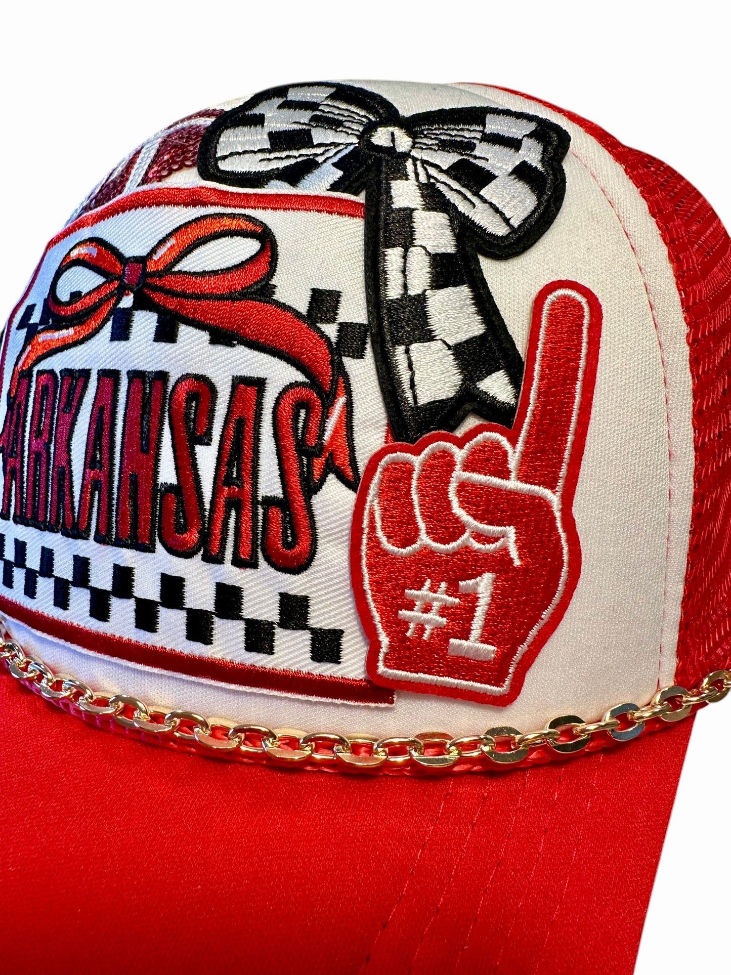 Red Arkansas Razorbacks GameDay Trucker Hat with Gold Chain Hat Belt