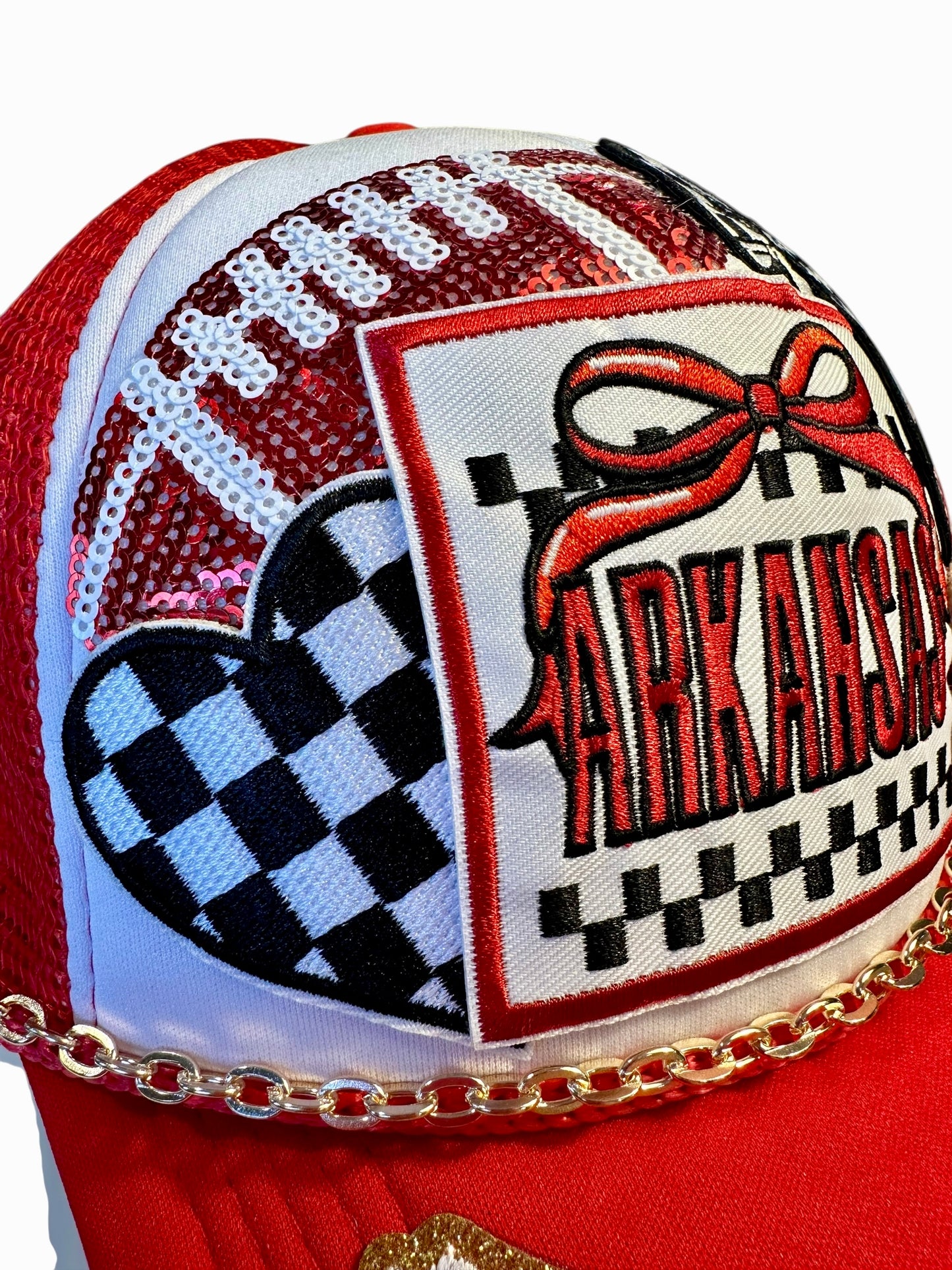 Red Arkansas Razorbacks GameDay Trucker Hat with Gold Chain Hat Belt