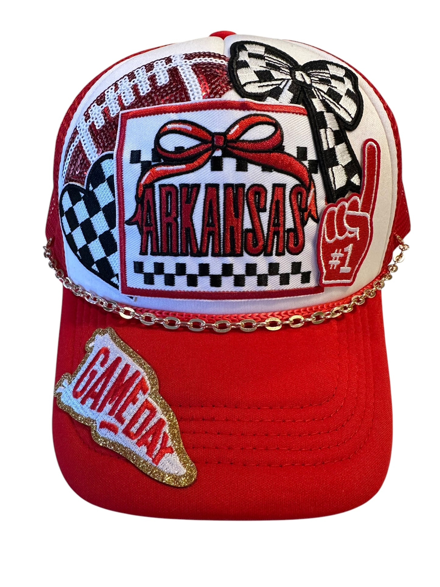 Red Arkansas Razorbacks GameDay Trucker Hat with Gold Chain Hat Belt