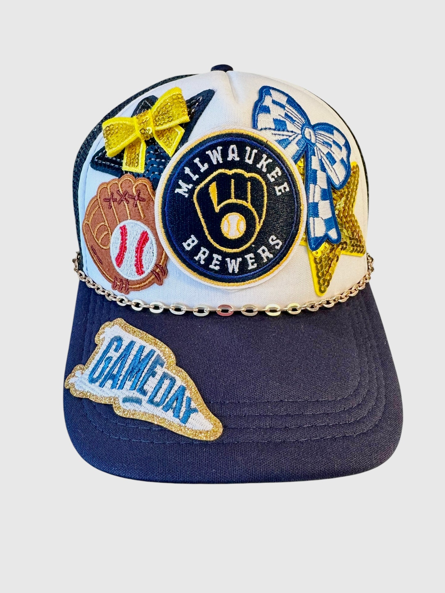 New Sequin Milwaukee Brewers GameDay Trucker Hat with Gold Chain Hat Belt