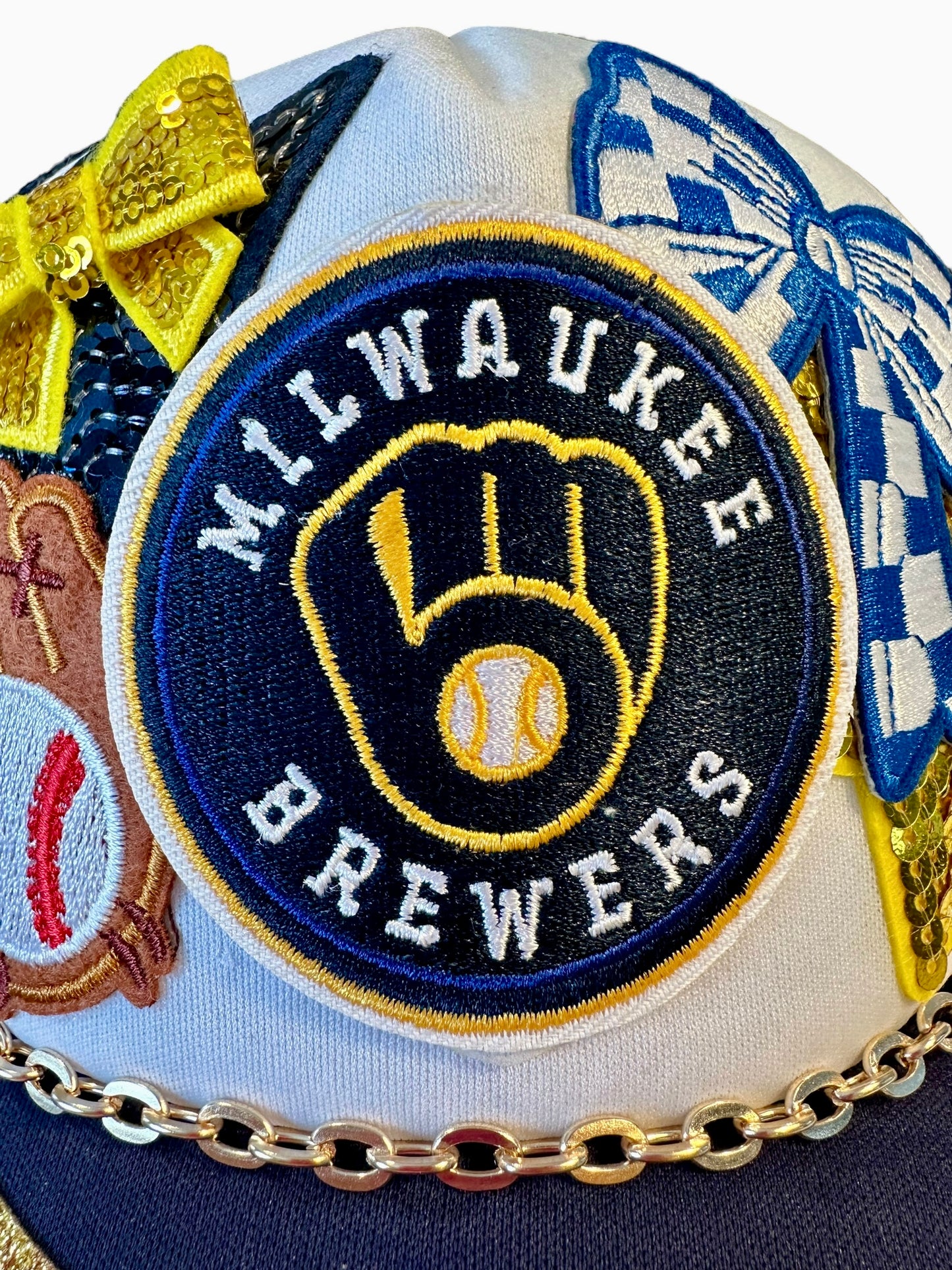 New Sequin Milwaukee Brewers GameDay Trucker Hat with Gold Chain Hat Belt