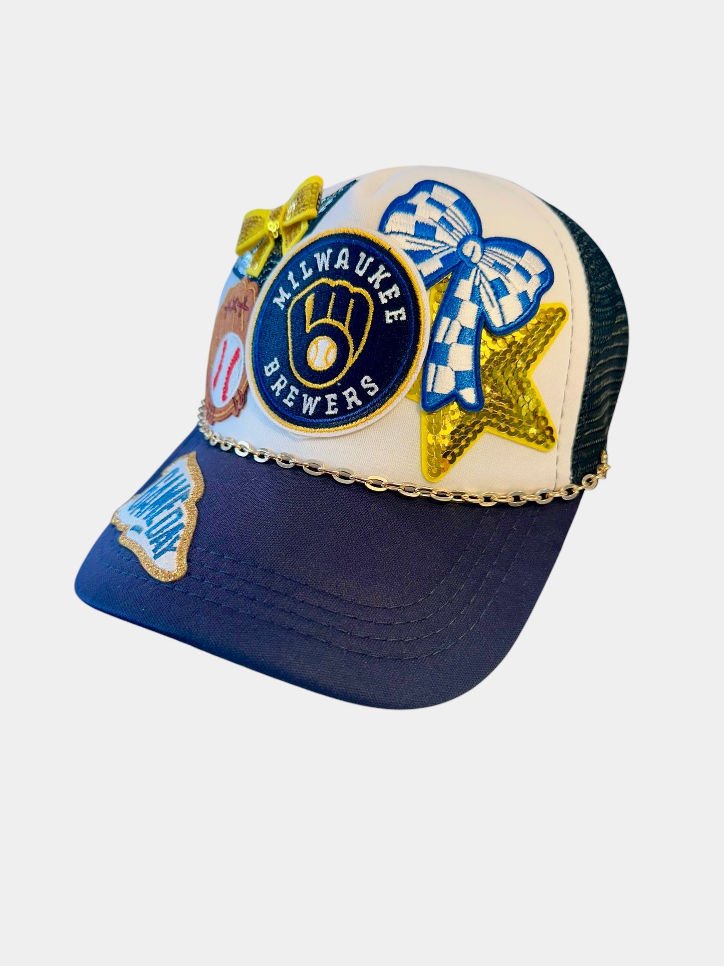 New Sequin Milwaukee Brewers GameDay Trucker Hat with Gold Chain Hat Belt