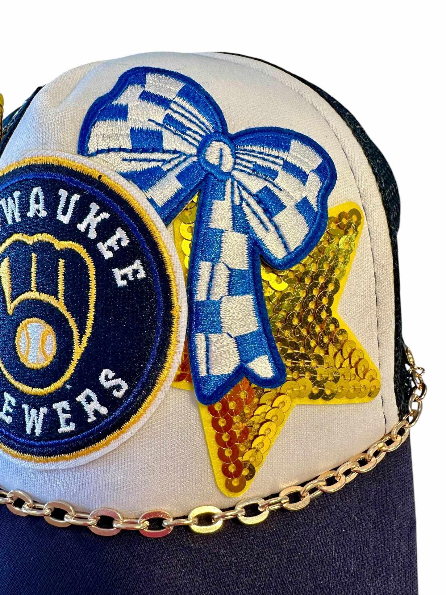 New Sequin Milwaukee Brewers GameDay Trucker Hat with Gold Chain Hat Belt