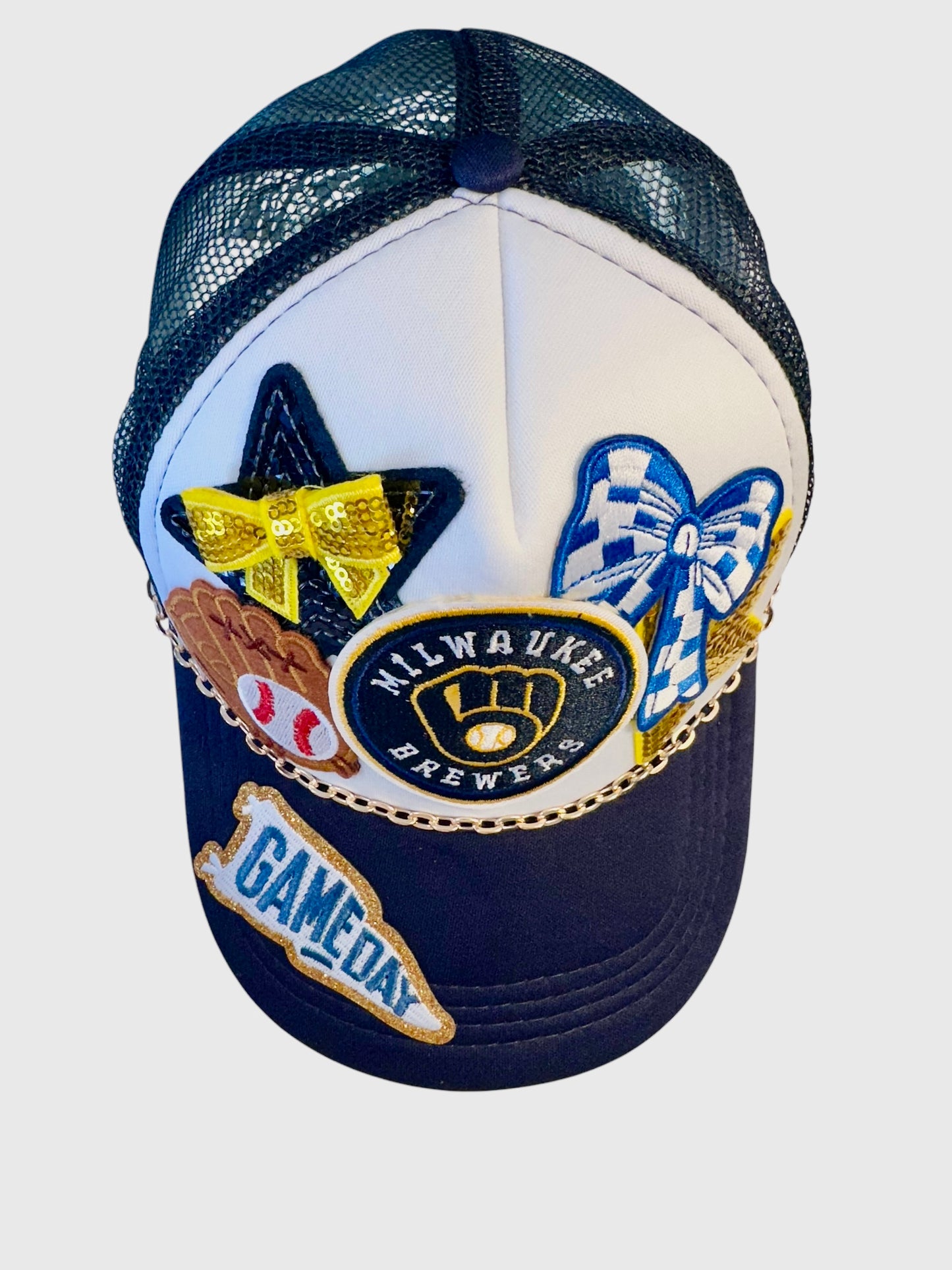 New Sequin Milwaukee Brewers GameDay Trucker Hat with Gold Chain Hat Belt