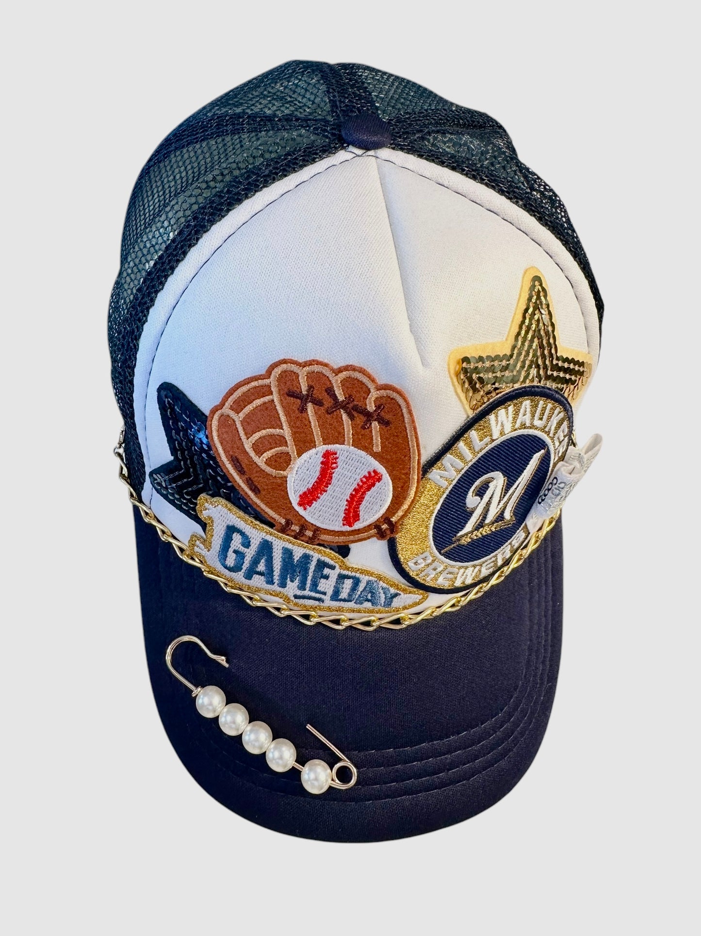 Sequin Milwaukee Brewers GameDay Trucker Hat with Gold Chain Hat Belt