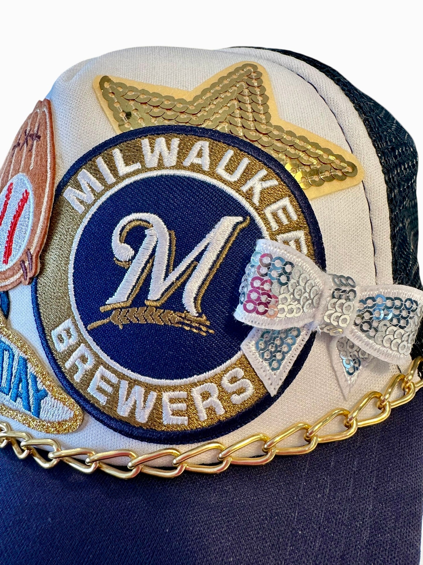 Sequin Milwaukee Brewers GameDay Trucker Hat with Gold Chain Hat Belt