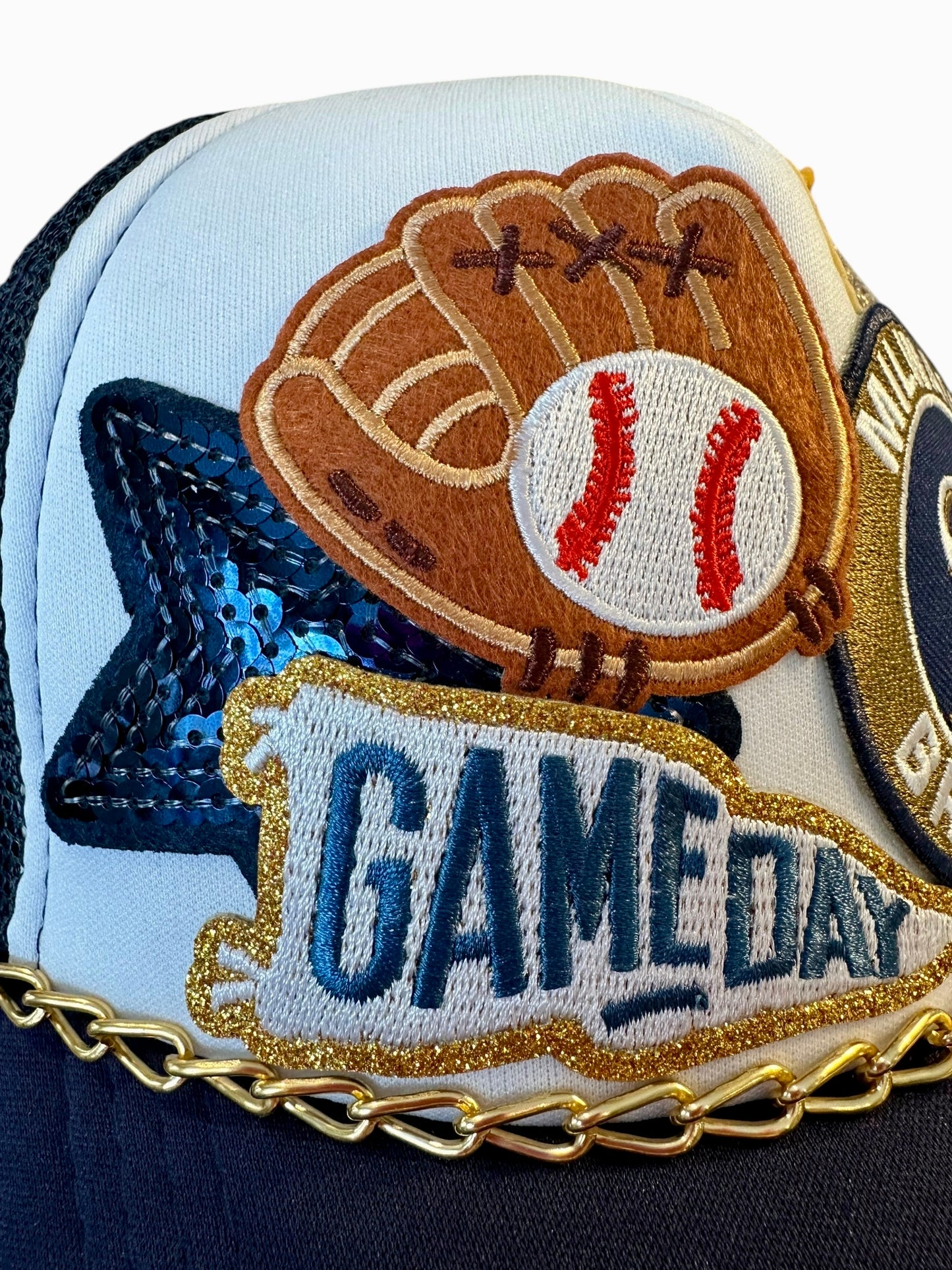 Sequin Milwaukee Brewers GameDay Trucker Hat with Gold Chain Hat Belt