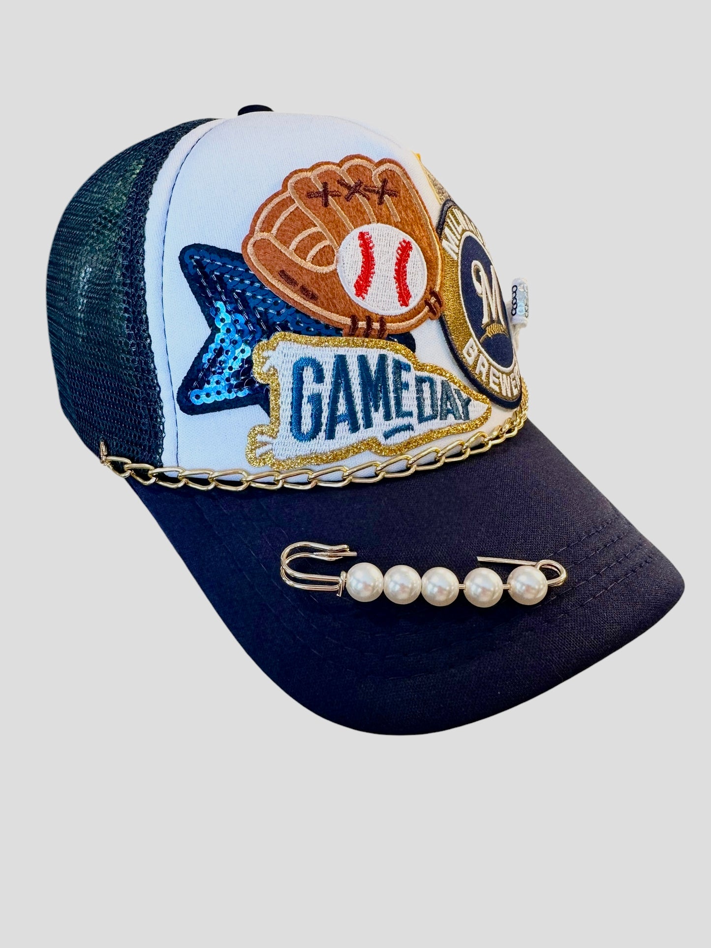 Sequin Milwaukee Brewers GameDay Trucker Hat with Gold Chain Hat Belt