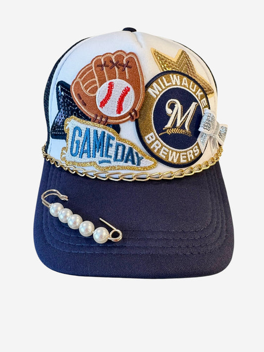 Sequin Milwaukee Brewers GameDay Trucker Hat with Gold Chain Hat Belt