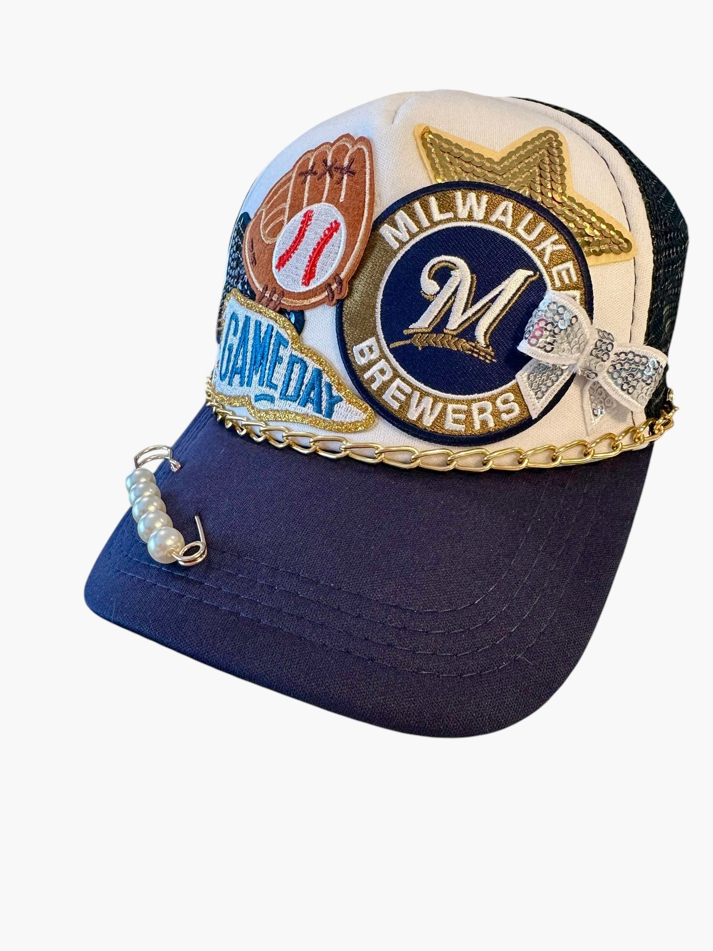 Sequin Milwaukee Brewers GameDay Trucker Hat with Gold Chain Hat Belt